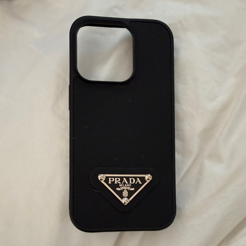 Prada Black Saffiano Leather Phone Case with Silver Logo Plate iPhone 14 Pro